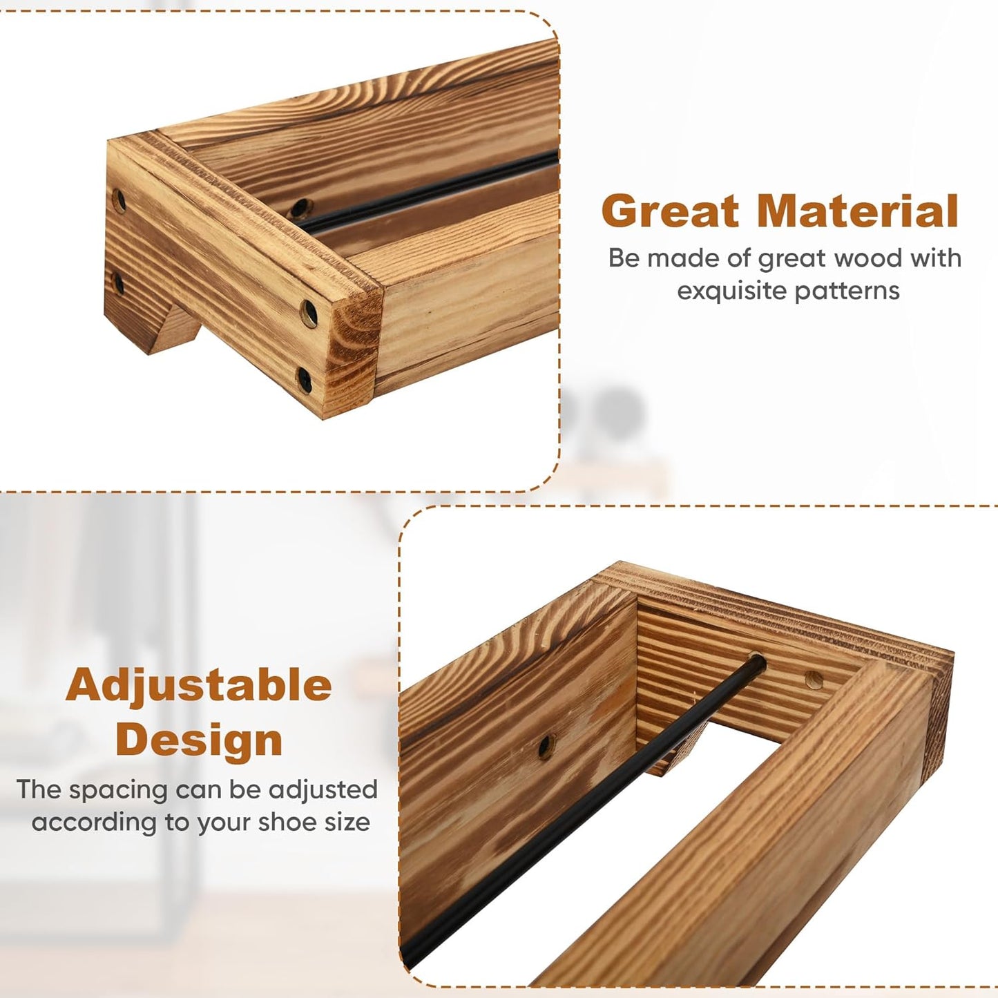 Nisorpa 20 Inch Rustic Burnt Wood Hanging Shoe Rack, Wall Mounted Shoe Rack Storage Organizer Space Saving Footwear Holder for Closet, Mudroom, Entryway, Holds 8 Pairs, Set of 4