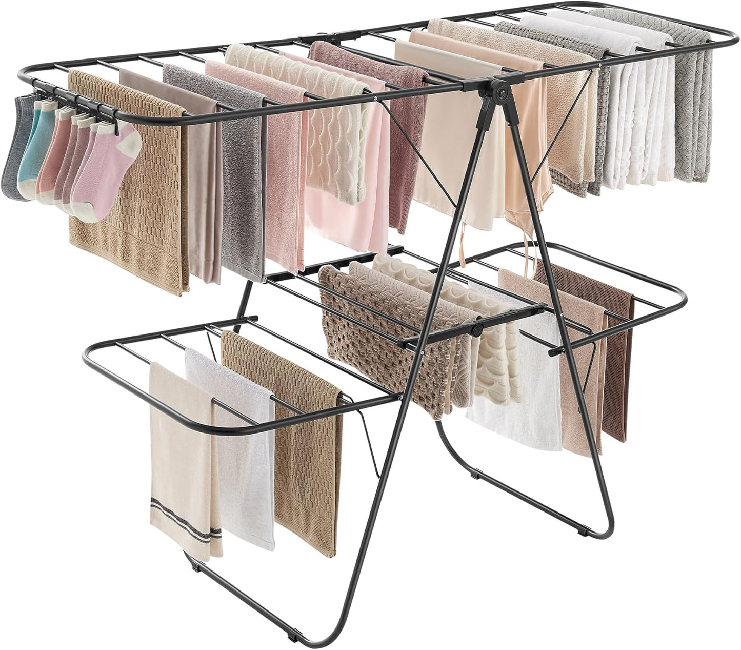 SONGMICS Clothes Drying Rack, Foldable 2-Level Laundry Drying Rack, Free-Standing Laundry Airer, with Height-Adjustable Wings, 33 Drying Rails, Sock Clips, Silver and Blue ULLR53BUV1