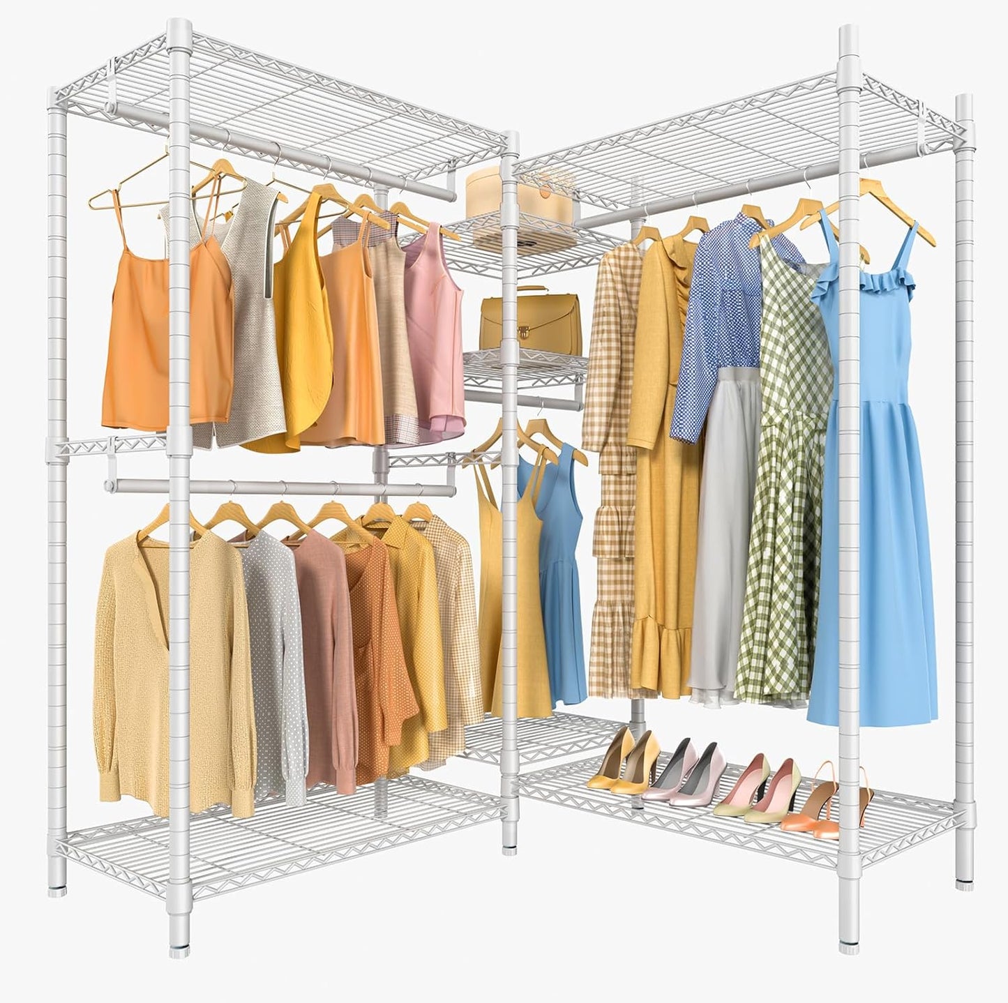 VIPEK L6 L Shaped Clothes Rack Heavy Duty Clothing Rack for Corner, 5-Tier Wire Garment Racks Metal Freestanding Closet with Adjustable Shelves, 42.1" L x 42.1" W x 76.4" H, Max Load 840LBS, Gold