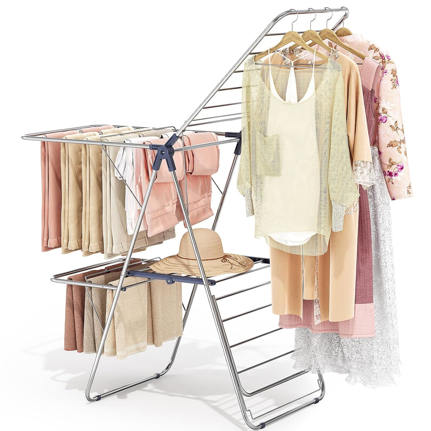APEXCHASER Clothes Drying Rack, Stainless Steel Drying Rack Clothing with Height-Adjustable, Foldable Gullwings Laundry Drying Rack, Indoor Outdoor Use, No Assembly