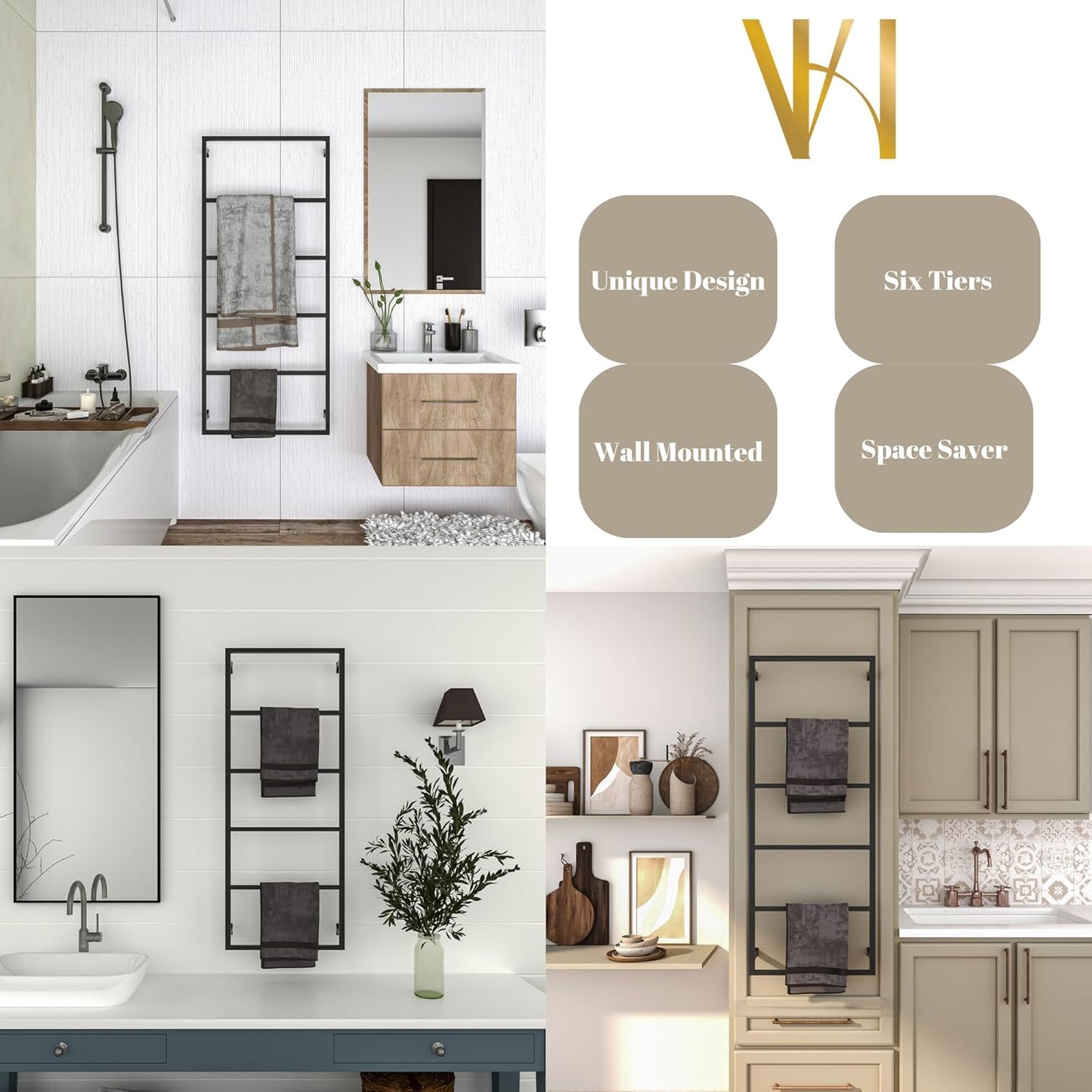 Elegant Wall Mounted 6 Tier Towel Holder, Rust-Resistant, Space-Saving Towel Rack for Effortless Drying, Perfect for Modern Farmhouse Bathroom, Kitchen Decor (44"(H) x 18"(W) x 3"(D))