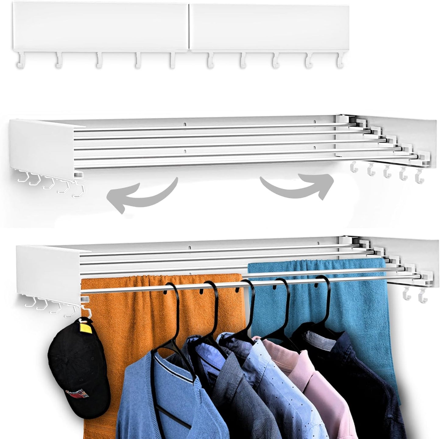 Wall Mounted Laundry Drying Rack, Retractable & Foldable, 31.5" Wide, 13.2 Linear Ft, 5 Heavy-Duty Aluminum Rods, 60 lb Capacity, Space-Saving Design, Easy Installation, Indoor/Outdoor (Black)