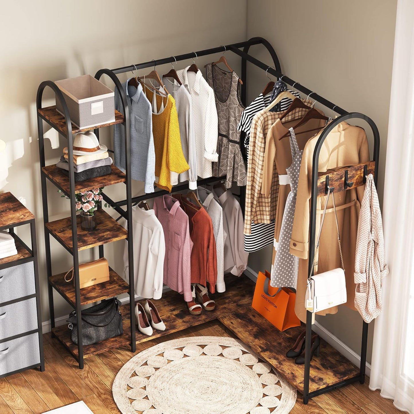 Tribesigns L Shape Clothes Rack, Corner Garment Rack with Storage Shelves and Hanging Rods, Space-Saving Large Open Wardrobe Closet for Bedroom