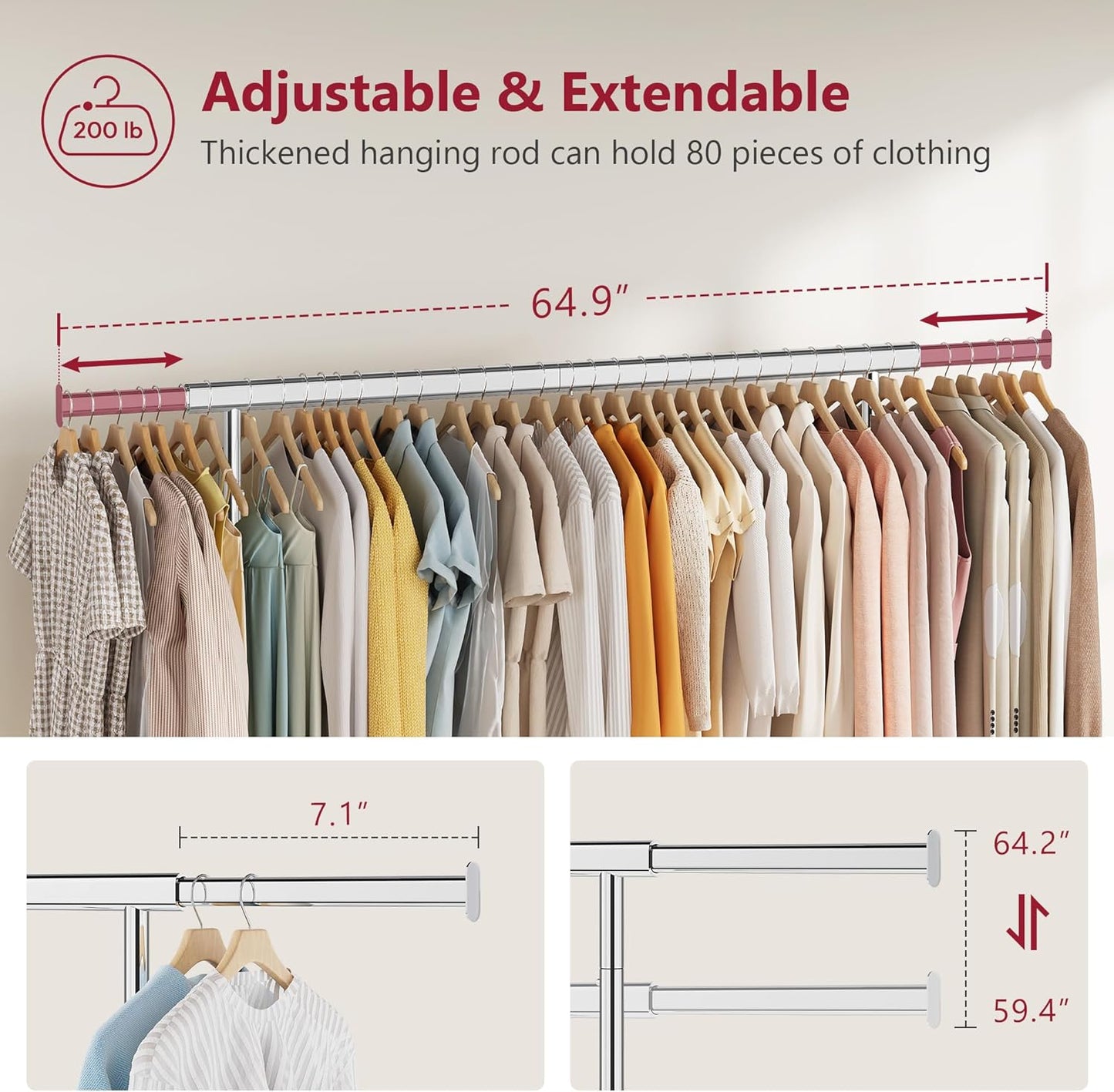 Tajsoon Clothes Rack Heavy Duty Clothing Rack Load 350 LBS, Rolling Garment Rack with Wheels and Extendable Rod, Collapsible Clothing Rack for Hanging Clothes with Bottom Shelf, Chrome