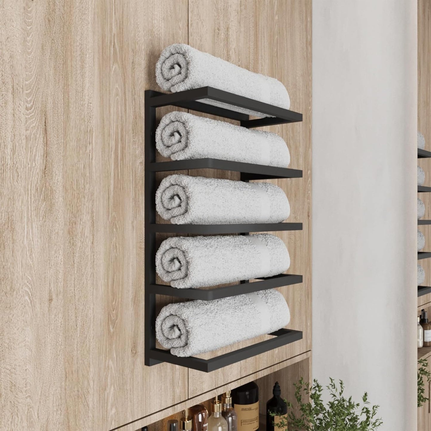 Modern 5-Tier/6-Tier Towel Rack - Wall-Mounted Black Metal Towel Shelf for Bathroom, Space-Saving Storage for Towels, Organizers, and Home Decor (5-Tier)