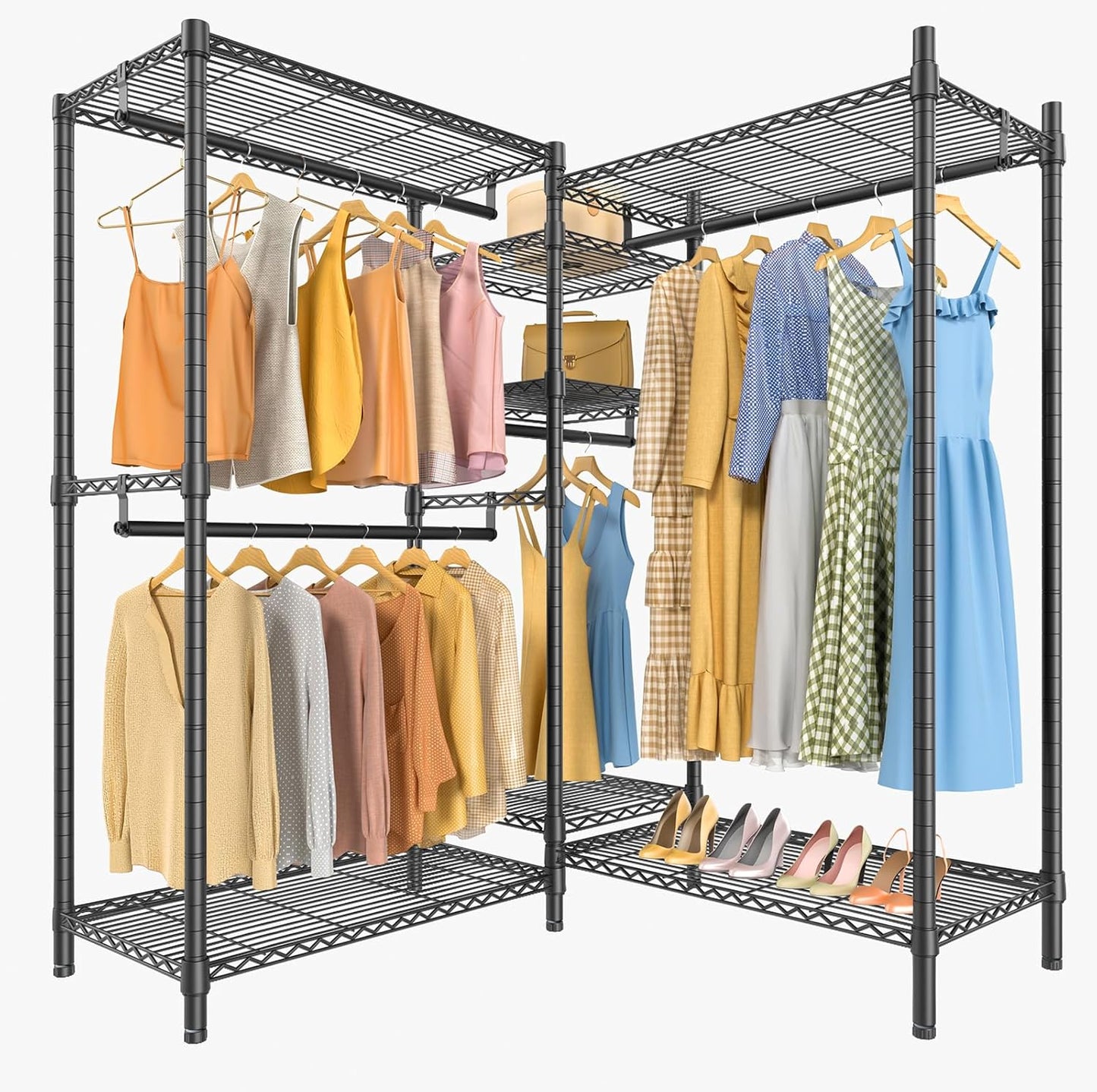 VIPEK L6 L Shaped Clothes Rack Heavy Duty Clothing Rack for Corner, 5-Tier Wire Garment Racks Metal Freestanding Closet with Adjustable Shelves, 42.1" L x 42.1" W x 76.4" H, Max Load 840LBS, Gold