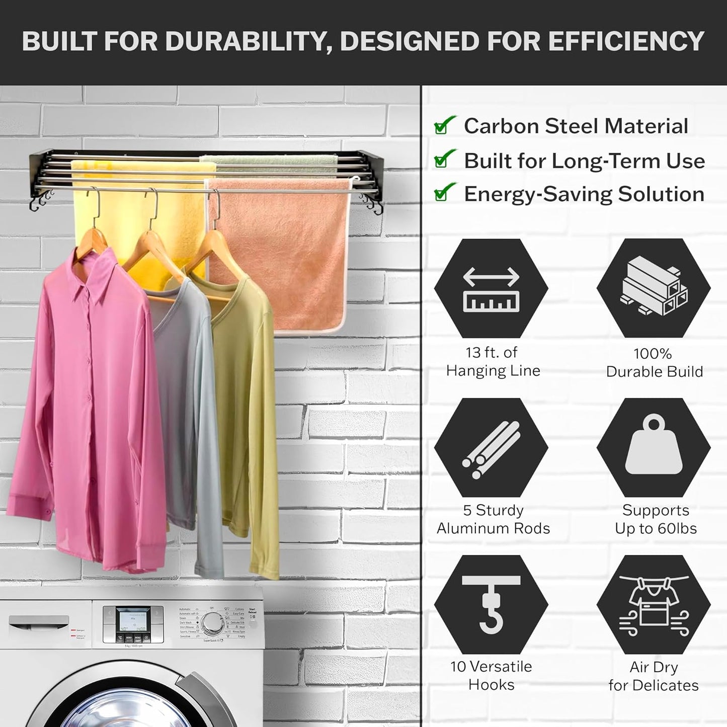 Wall Mounted Laundry Drying Rack, Retractable & Foldable, 31.5" Wide, 13.2 Linear Ft, 5 Heavy-Duty Aluminum Rods, 60 lb Capacity, Space-Saving Design, Easy Installation, Indoor/Outdoor (Black)