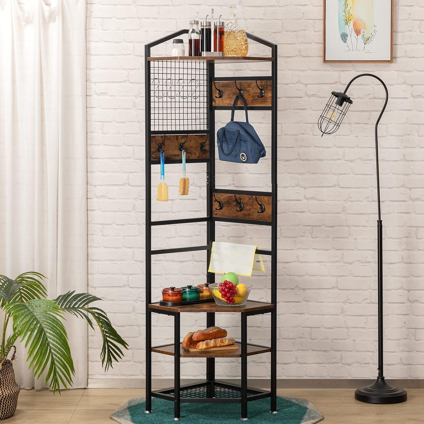 DOEWORKS 4-Tier Corner Industrial Hall Tree, Freestanding Entryway Coat Storage Rack with Hooks and Wooden Storage Shelves, Black