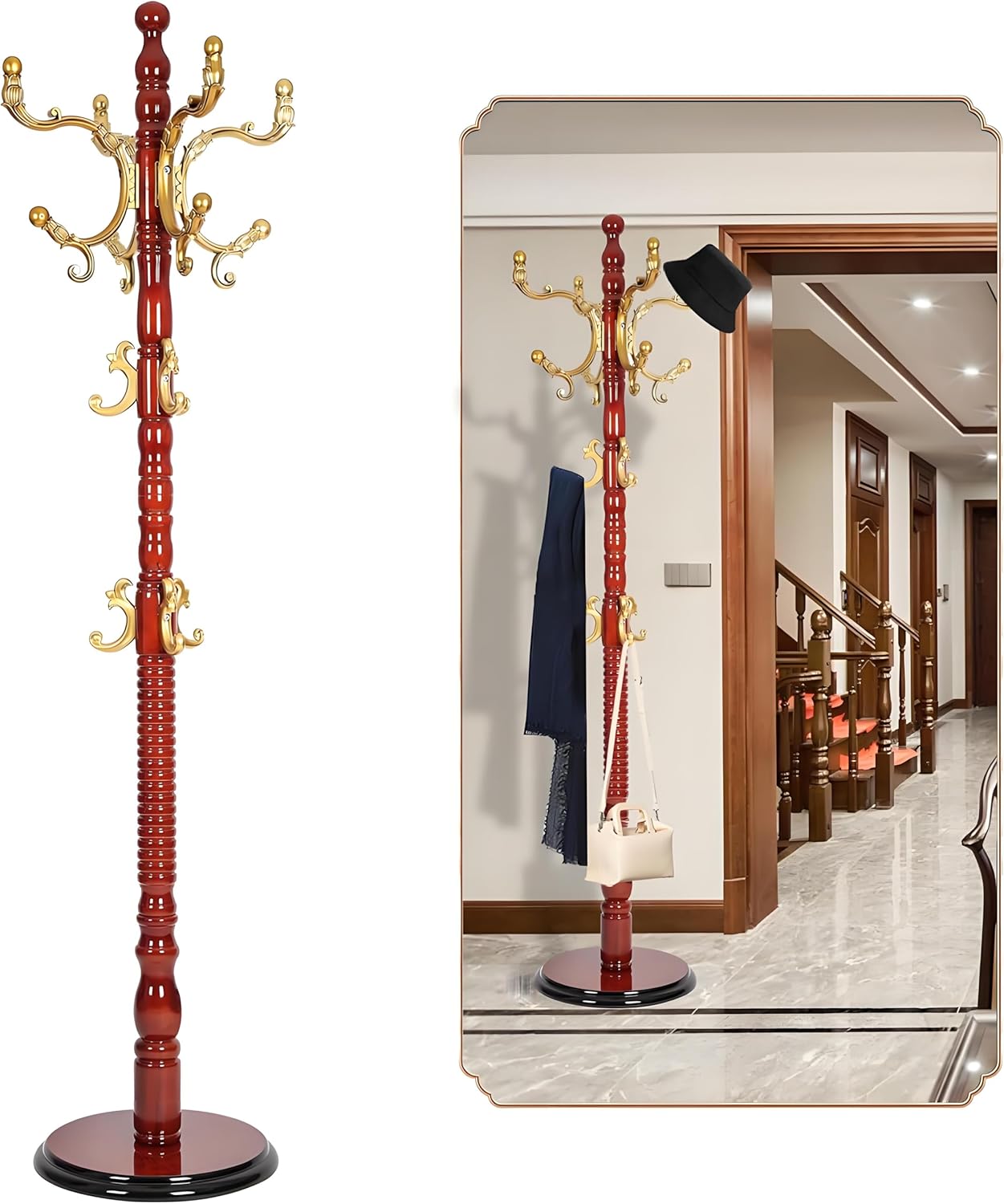 Coat Rack Freestanding, Wooden Tree Coat Rack Stand with 2 Adjustable Sizes Coat Tree and 11 Hooks, Sturdy Hall Tree with Tri-Legged Base for Entryway, Hallway, Bedroom (Walnut-Tri-Legged Base)