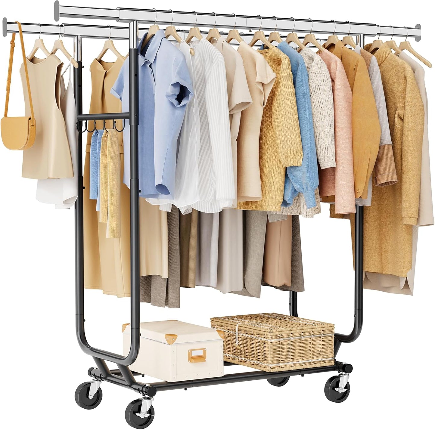 Tajsoon Clothes Rack Heavy Duty Clothing Rack Load 350 LBS, Rolling Garment Rack with Wheels and Extendable Rod, Collapsible Clothing Rack for Hanging Clothes with Bottom Shelf, Chrome