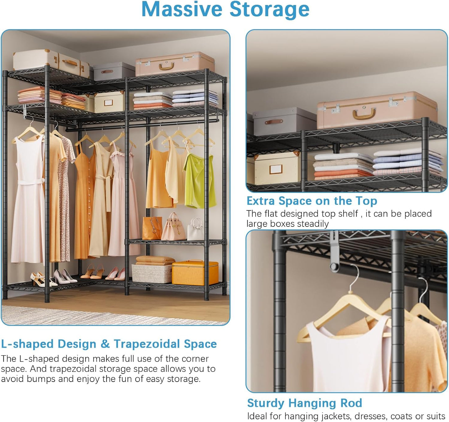 VIPEK L30 Corner Clothes Rack, Heavy Duty L-Shaped Freestanding Closet with Adjustable Shelves & Hanging Rods, Corner Wardrobe Portable Closet for Hanging Clothes