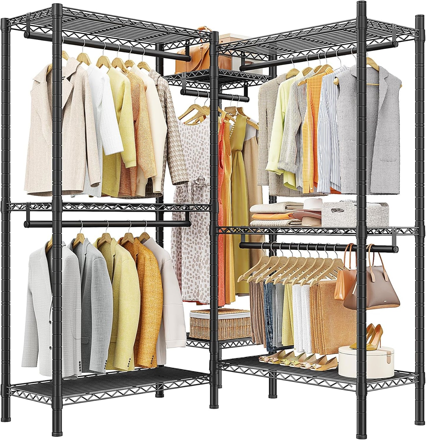 Raybee L Shaped Clothes Rack for Corner, Clothing Racks for Hanging Clothes, 900LBS Heavy Duty Clothes Rack Garment Rack 74.5" W X 18" D X 77" H, Black