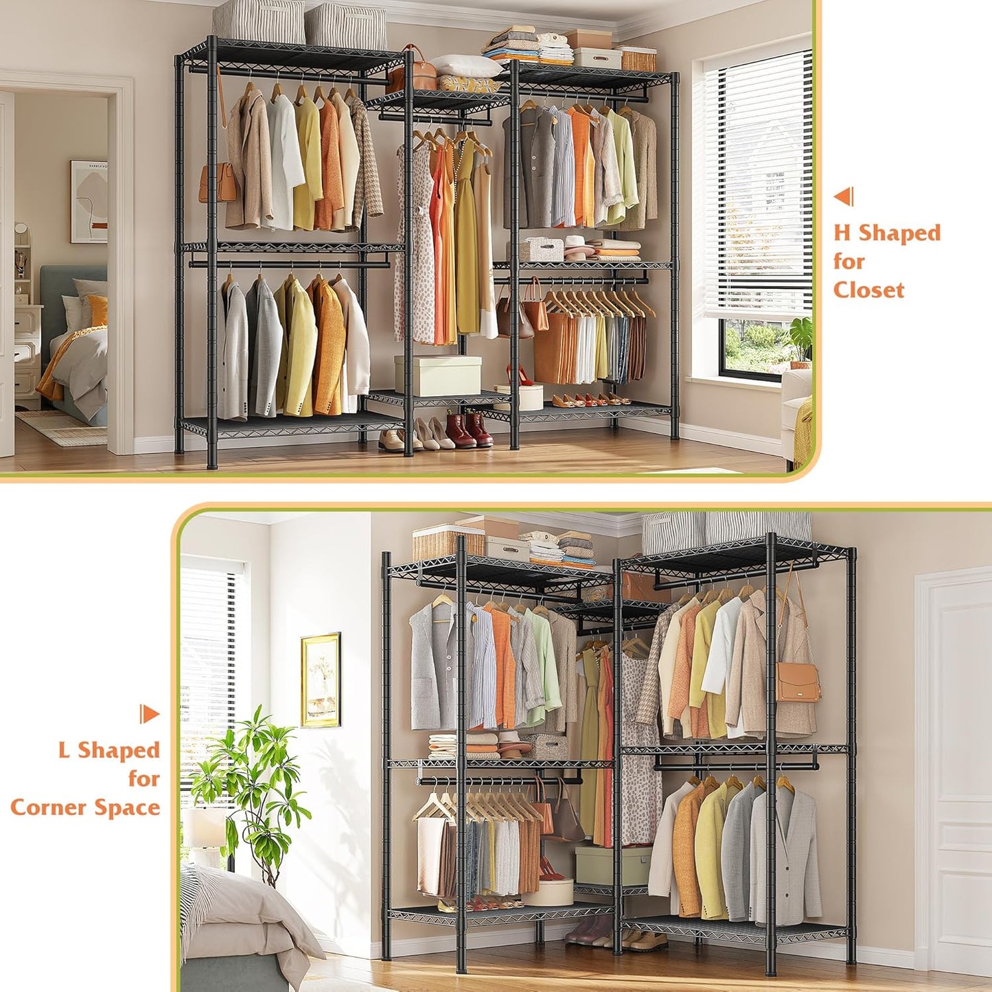 Raybee L Shaped Clothes Rack for Corner, Clothing Racks for Hanging Clothes, 900LBS Heavy Duty Clothes Rack Garment Rack 74.5" W X 18" D X 77" H, Black