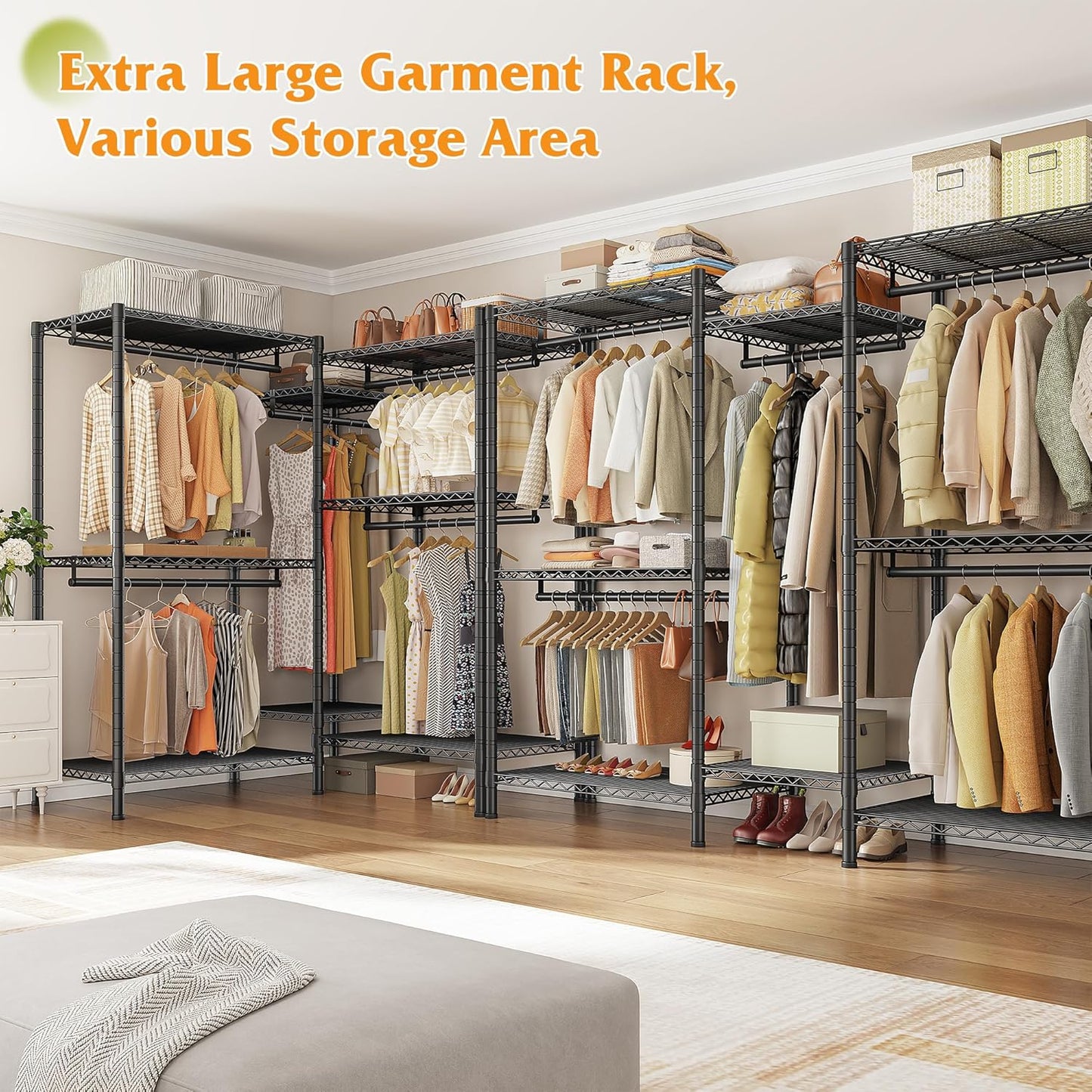 Raybee L Shaped Clothes Rack for Corner, Clothing Racks for Hanging Clothes, 900LBS Heavy Duty Clothes Rack Garment Rack 74.5" W X 18" D X 77" H, Black