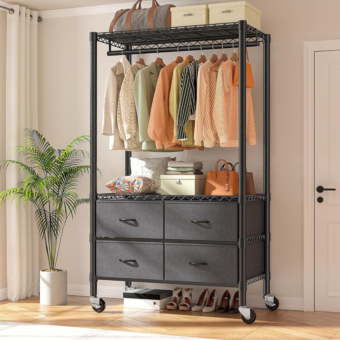 Raybee L Shaped Clothes Rack for Corner, Clothing Racks for Hanging Clothes, 900LBS Heavy Duty Clothes Rack Garment Rack 74.5" W X 18" D X 77" H, Black