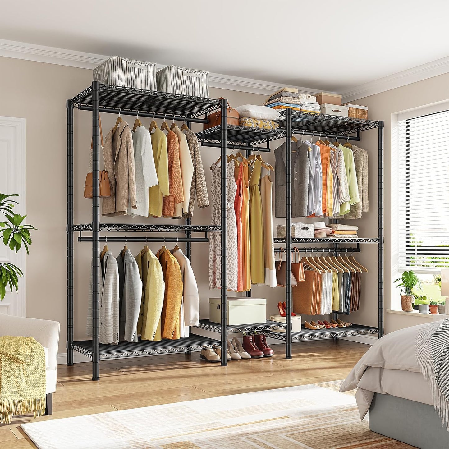 Raybee L Shaped Clothes Rack for Corner, Clothing Racks for Hanging Clothes, 900LBS Heavy Duty Clothes Rack Garment Rack 74.5" W X 18" D X 77" H, Black