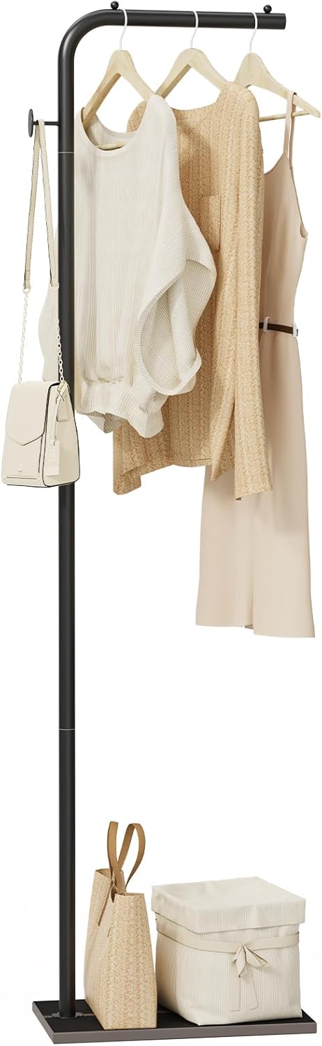OUTBROS Coat Rack, Portable L-shaped Clothes Rack with Hook, Modern Hanger, Sturdy Freestanding Metal Clothing Rack, Used in Bedroom, Entrance and Living Room, 15.3 x 10.2 x 70.8 inch, Black