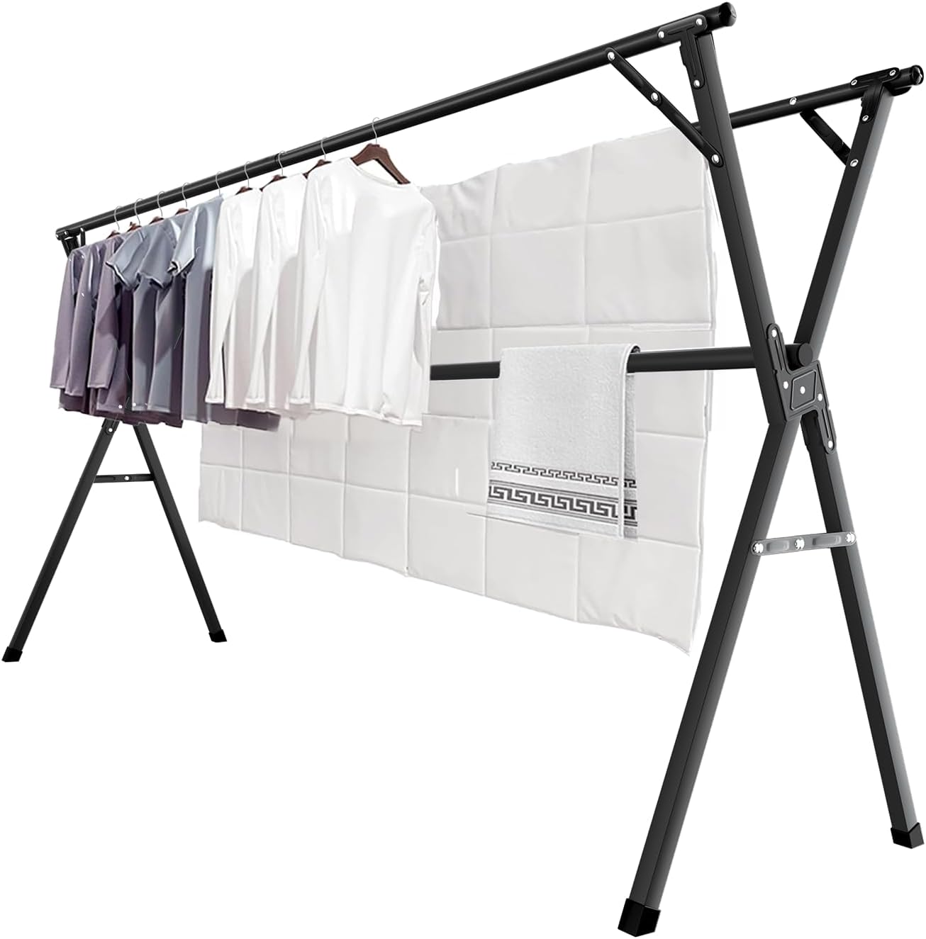 JAUREE 79 Inches Clothes Drying Rack, Drying Rack Clothing Folding Indoor Outdoor, Heavy Duty Stainless Steel Laundry Rack, Foldable Portable Large Clothes Rack Garment Rack with 20 Windproof Hooks