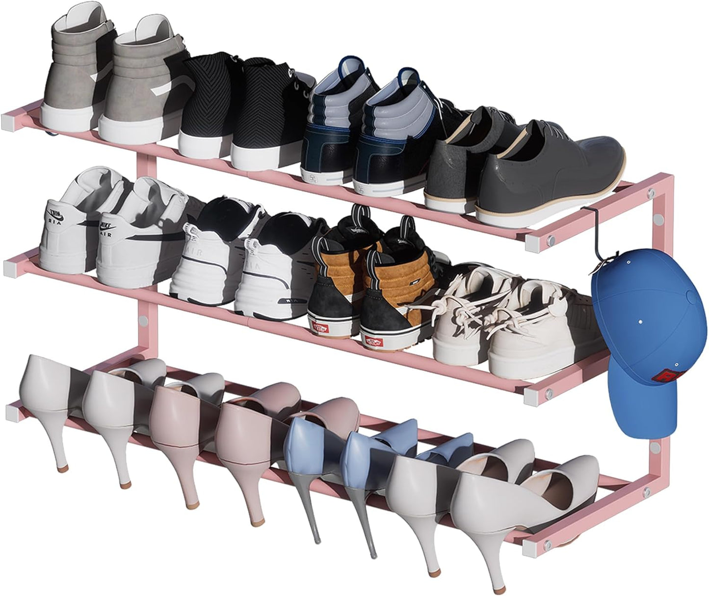 2 Pack Wall Mounted Shoe Rack, 3 Tier Hanging Shoe Rack Holds 24 Pairs, 17"-30"Adjustable Heavy Duty Shoe Organizer Holder with 4 Storage Hooks, Space Saving for Closet Entryway, Black, Patent Pending