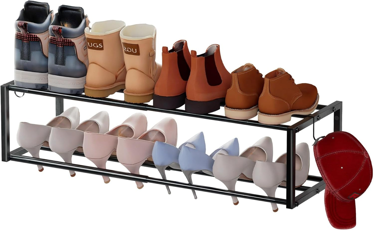 4 Pack Expandable Wall Mounted Shoe Rack, 17"-31" Adjustable Hanging Shoe Rack Holds 32 Pairs, Heavy Duty Metal Shoe Holder with 8 Storage Hooks, Space Saving for Entryway Closet Doorway（Black