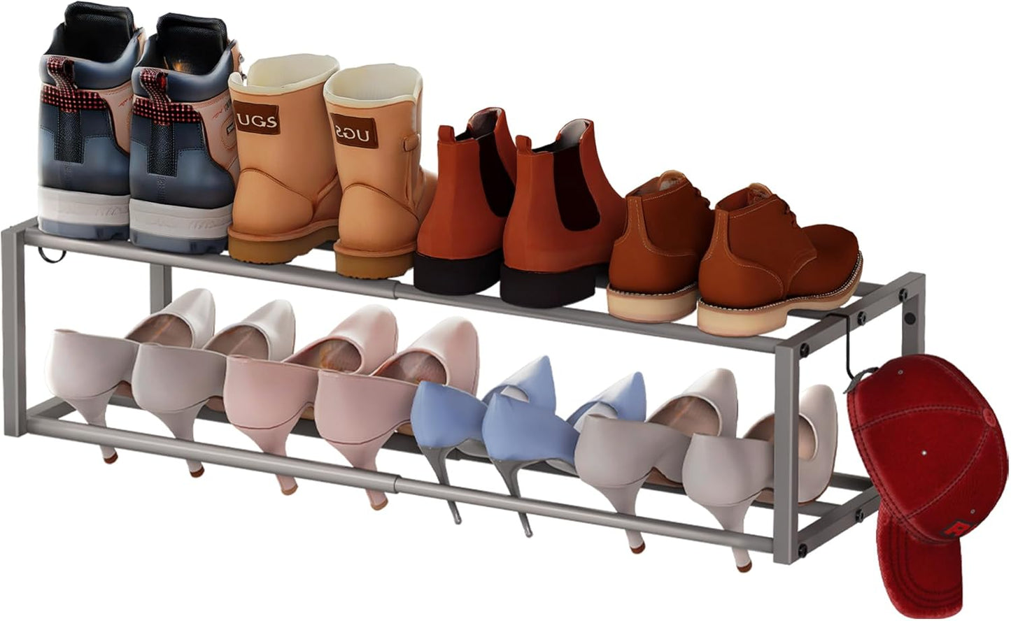 4 Pack Expandable Wall Mounted Shoe Rack, 17"-31" Adjustable Hanging Shoe Rack Holds 32 Pairs, Heavy Duty Metal Shoe Holder with 8 Storage Hooks, Space Saving for Entryway Closet Doorway（Black