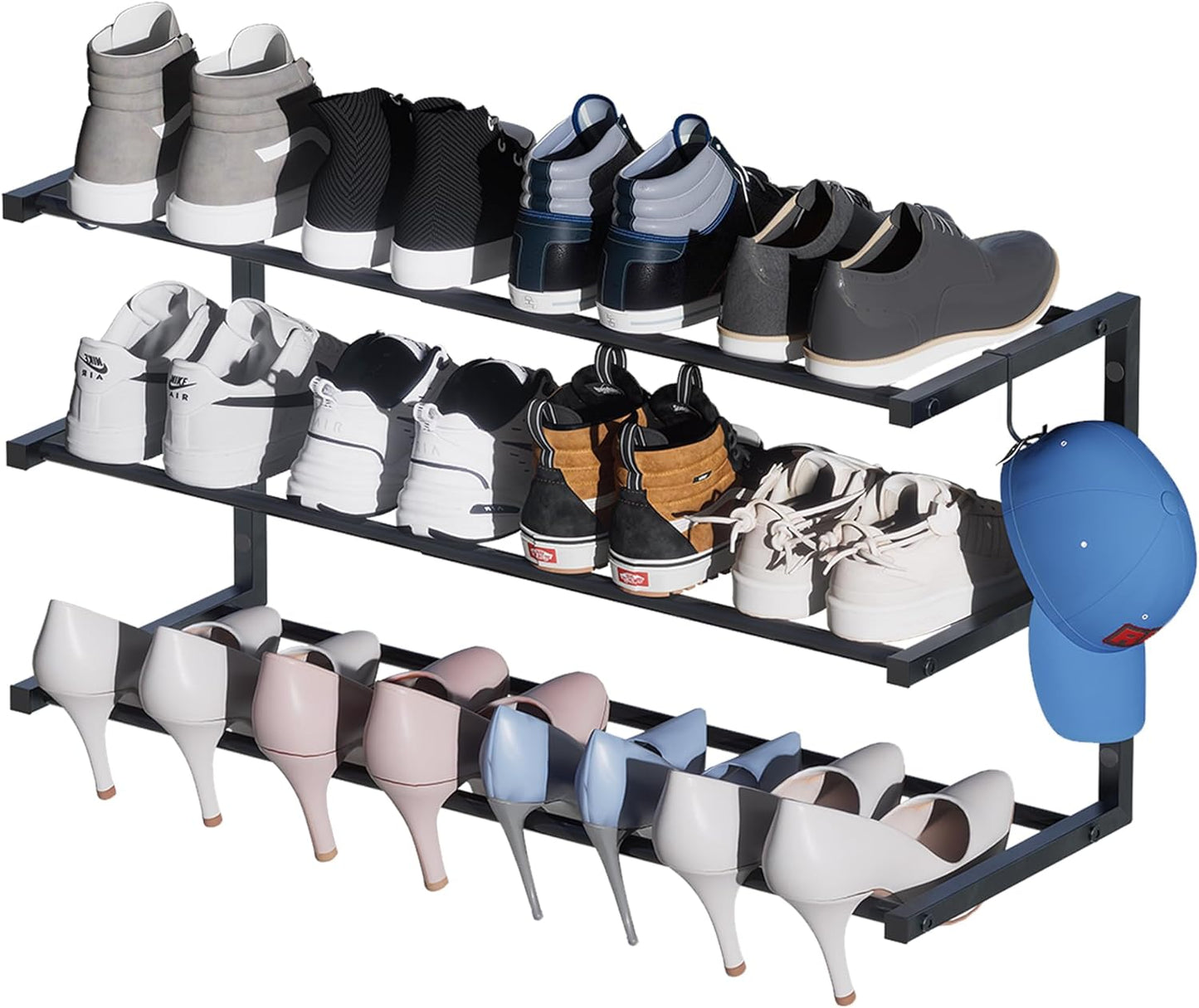 2 Pack Wall Mounted Shoe Rack, 3 Tier Hanging Shoe Rack Holds 24 Pairs, 17"-30"Adjustable Heavy Duty Shoe Organizer Holder with 4 Storage Hooks, Space Saving for Closet Entryway, Black, Patent Pending