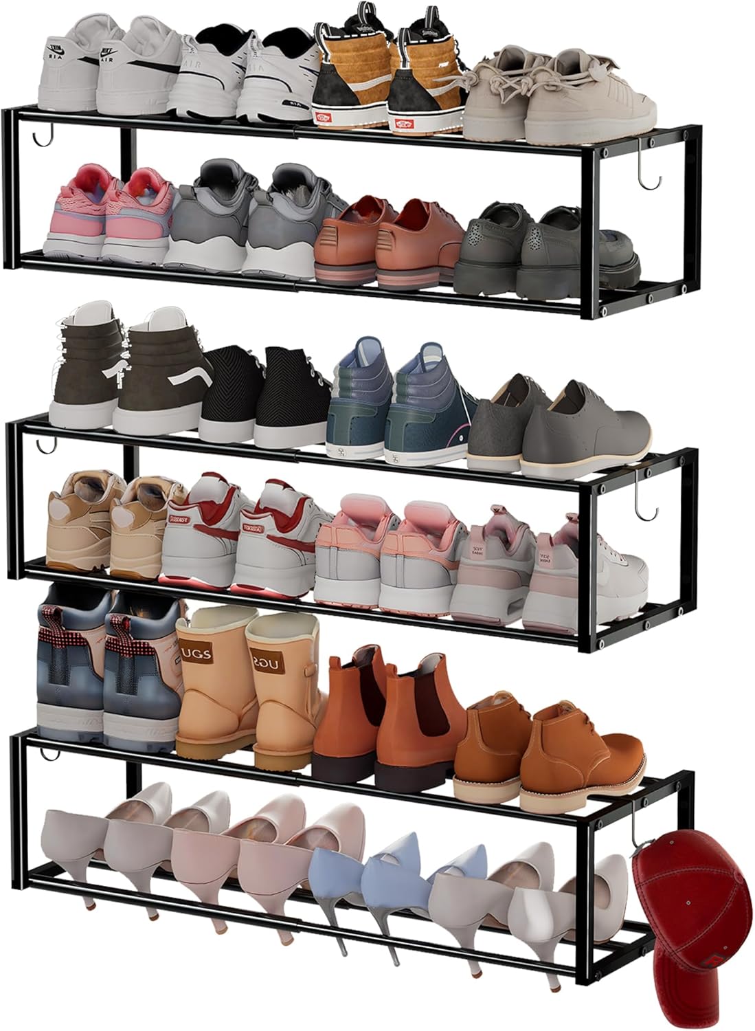 4 Pack Expandable Wall Mounted Shoe Rack, 17"-31" Adjustable Hanging Shoe Rack Holds 32 Pairs, Heavy Duty Metal Shoe Holder with 8 Storage Hooks, Space Saving for Entryway Closet Doorway（Black