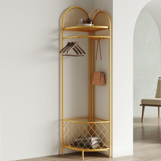 corner coat rack,corner hall tree,metal clothes rack,gold clothing rack with storage basket and hooks for bedroom,living room,entryway.corner storage rack for clothes.