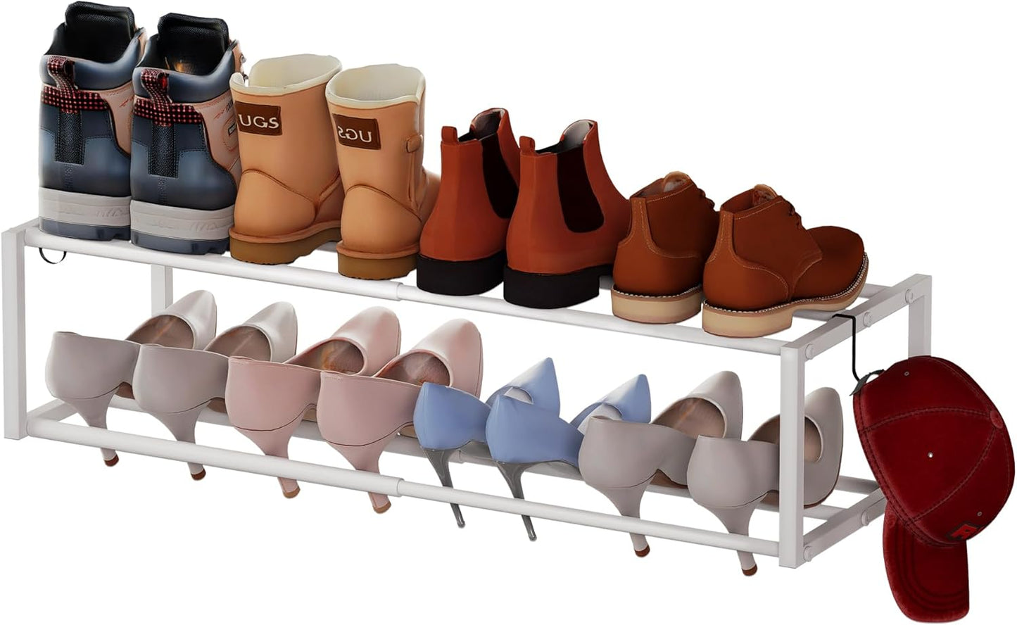 4 Pack Expandable Wall Mounted Shoe Rack, 17"-31" Adjustable Hanging Shoe Rack Holds 32 Pairs, Heavy Duty Metal Shoe Holder with 8 Storage Hooks, Space Saving for Entryway Closet Doorway（Black