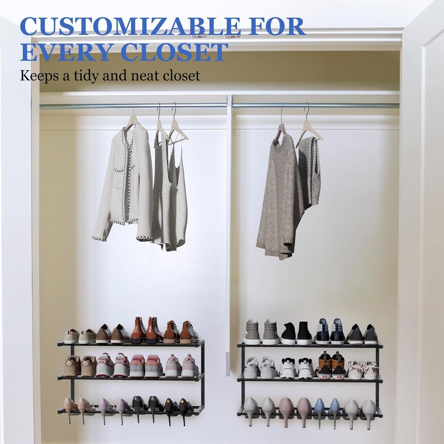 2 Pack Wall Mounted Shoe Rack, 3 Tier Hanging Shoe Rack Holds 24 Pairs, 17"-30"Adjustable Heavy Duty Shoe Organizer Holder with 4 Storage Hooks, Space Saving for Closet Entryway, Black, Patent Pending