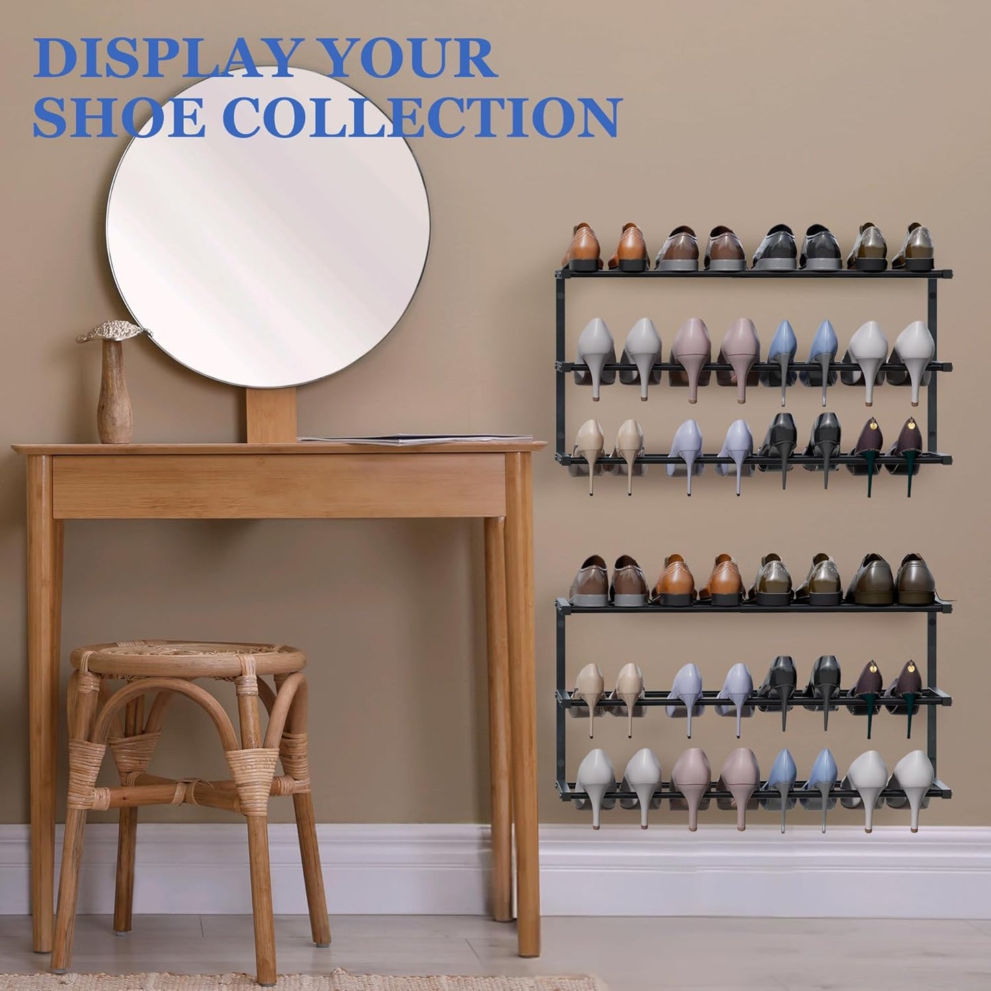 2 Pack Wall Mounted Shoe Rack, 3 Tier Hanging Shoe Rack Holds 24 Pairs, 17"-30"Adjustable Heavy Duty Shoe Organizer Holder with 4 Storage Hooks, Space Saving for Closet Entryway, Black, Patent Pending