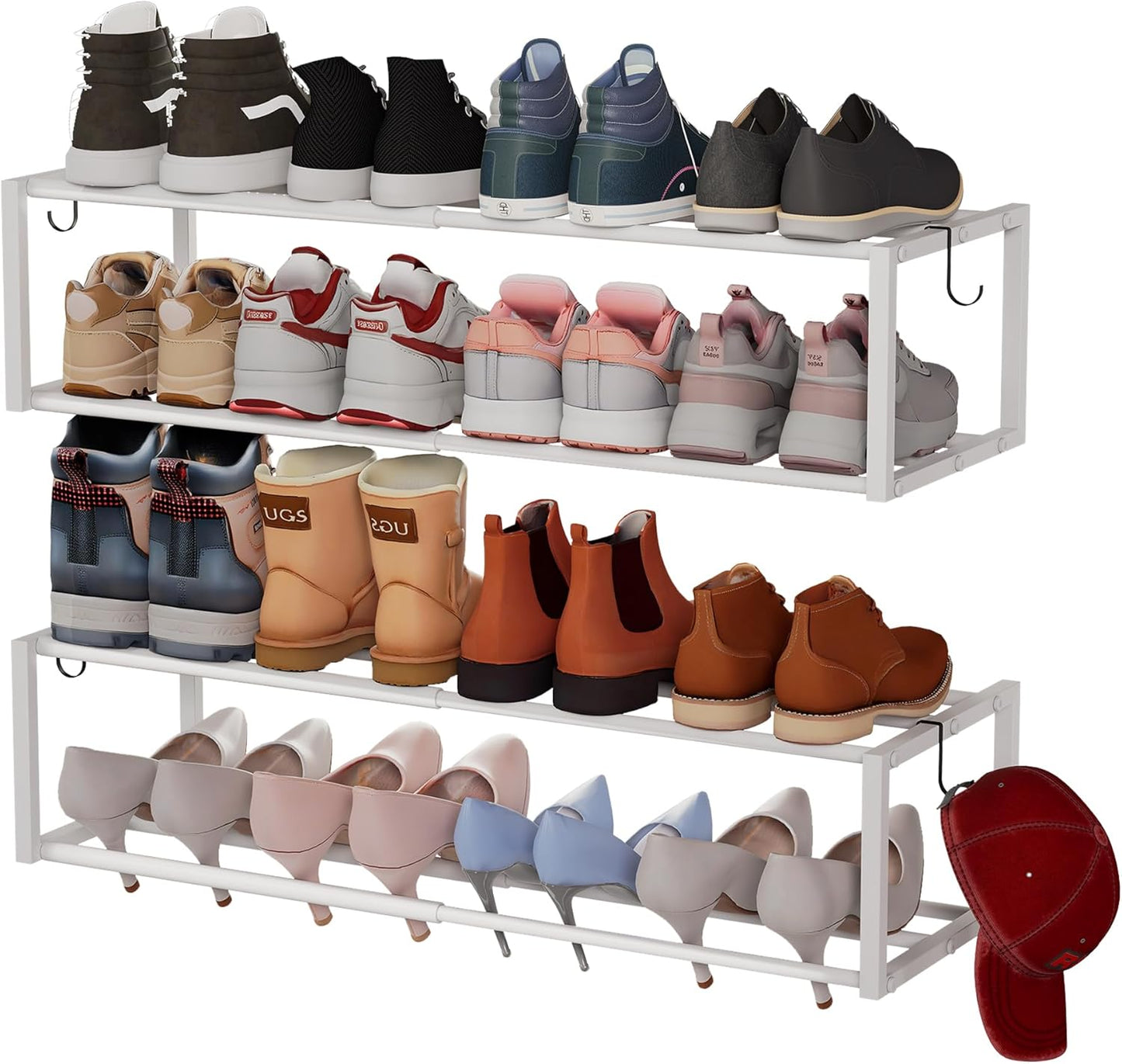 4 Pack Expandable Wall Mounted Shoe Rack, 17"-31" Adjustable Hanging Shoe Rack Holds 32 Pairs, Heavy Duty Metal Shoe Holder with 8 Storage Hooks, Space Saving for Entryway Closet Doorway（Black