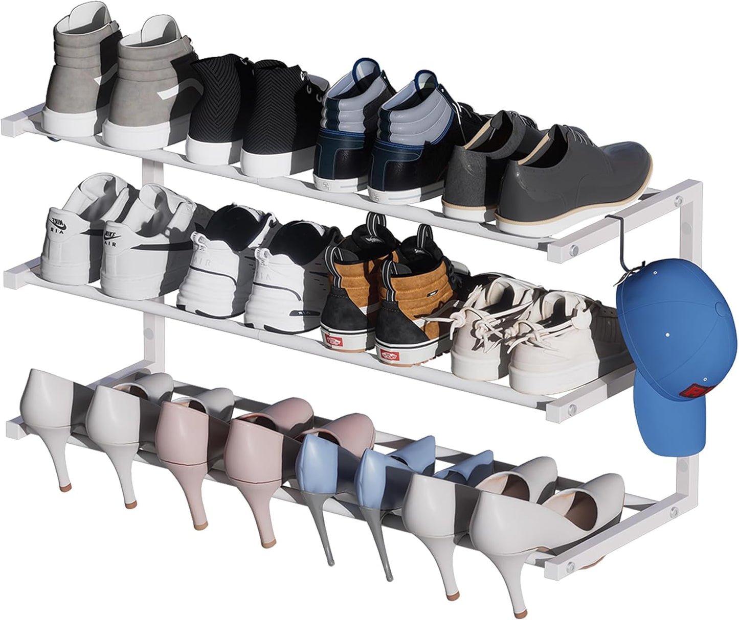 2 Pack Wall Mounted Shoe Rack, 3 Tier Hanging Shoe Rack Holds 24 Pairs, 17"-30"Adjustable Heavy Duty Shoe Organizer Holder with 4 Storage Hooks, Space Saving for Closet Entryway, Black, Patent Pending