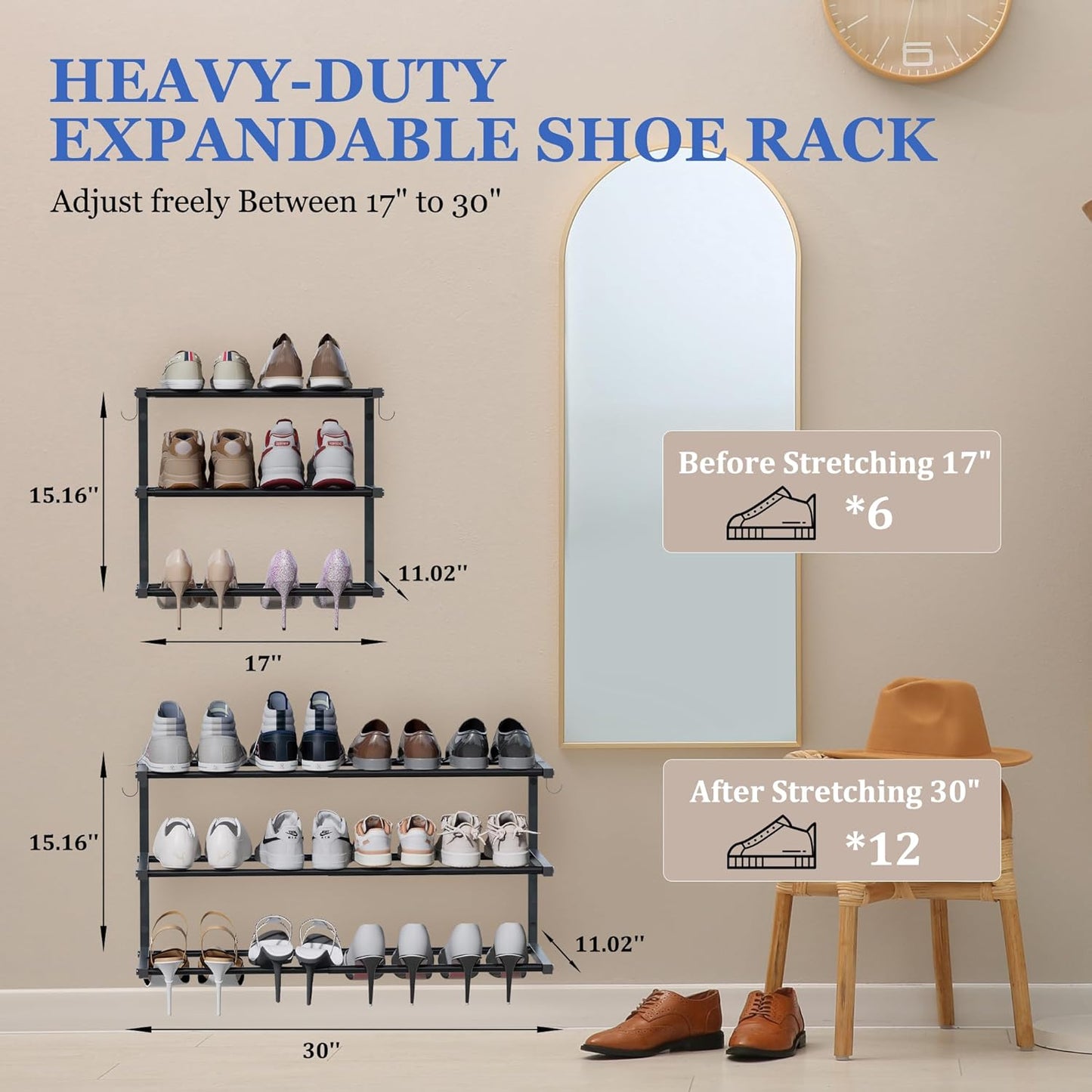 2 Pack Wall Mounted Shoe Rack, 3 Tier Hanging Shoe Rack Holds 24 Pairs, 17"-30"Adjustable Heavy Duty Shoe Organizer Holder with 4 Storage Hooks, Space Saving for Closet Entryway, Black, Patent Pending
