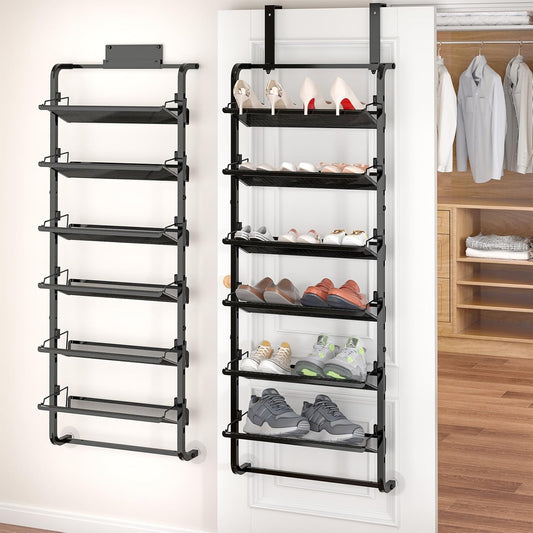 bukfen Over The Door Shoe Organizer,6-Tier Adjustable Door-Mounted/Wall-Mounted Shoe Rack,Heavy-Duty Metal Storage for Closet Door,Black,1 Pack
