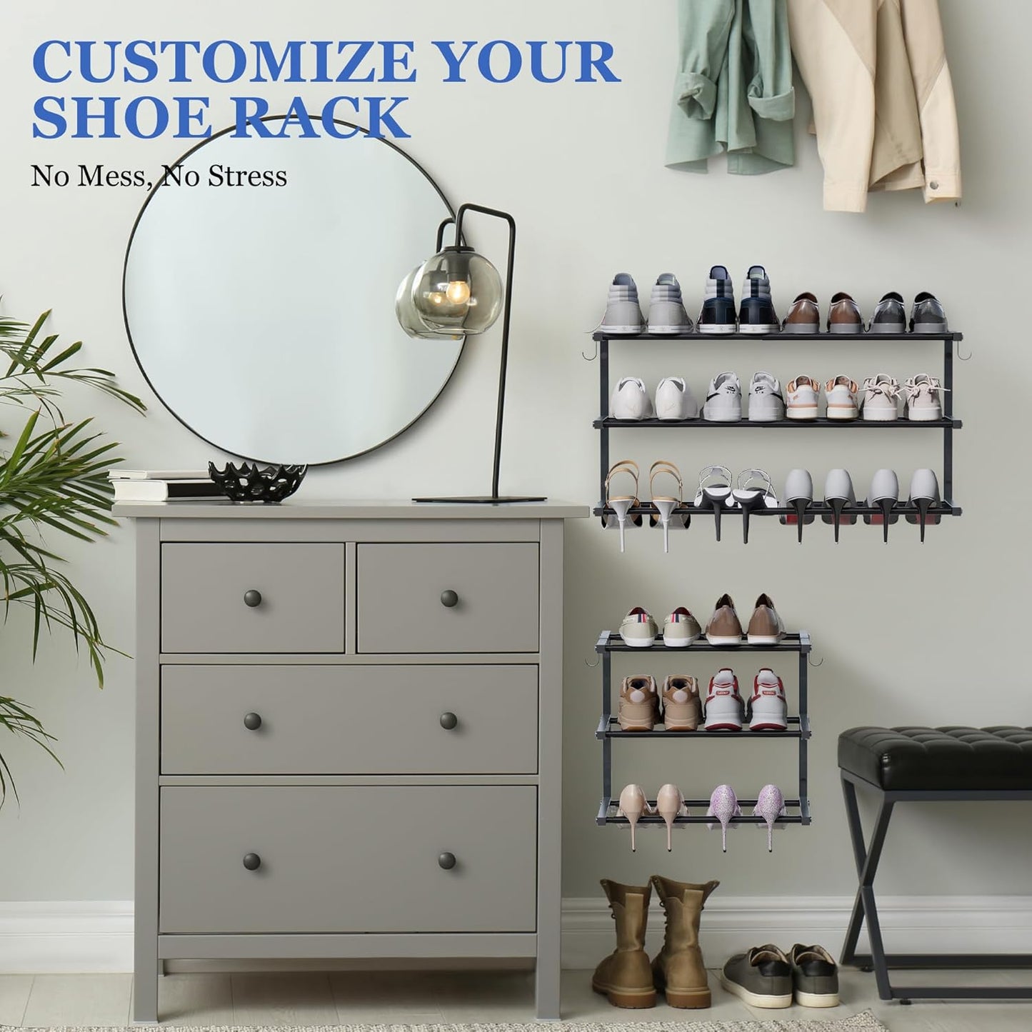 2 Pack Wall Mounted Shoe Rack, 3 Tier Hanging Shoe Rack Holds 24 Pairs, 17"-30"Adjustable Heavy Duty Shoe Organizer Holder with 4 Storage Hooks, Space Saving for Closet Entryway, Black, Patent Pending