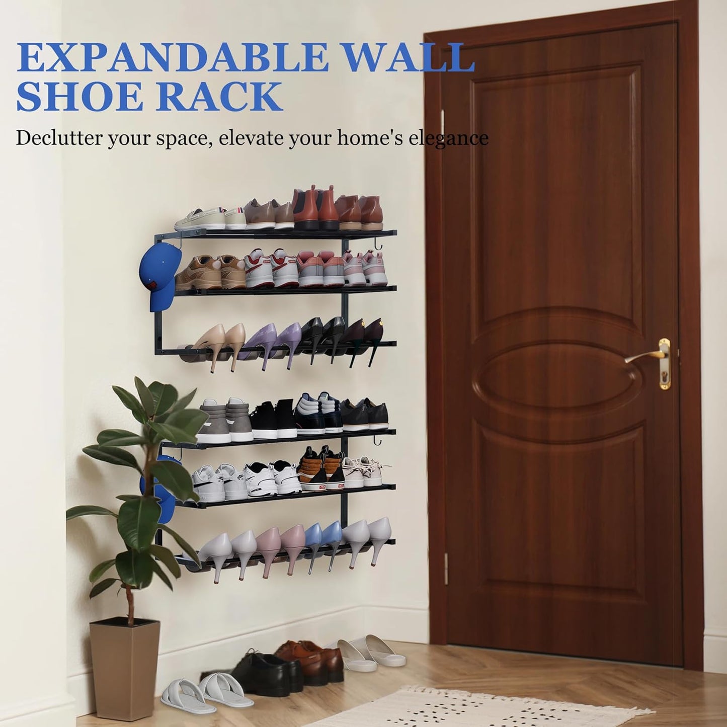 2 Pack Wall Mounted Shoe Rack, 3 Tier Hanging Shoe Rack Holds 24 Pairs, 17"-30"Adjustable Heavy Duty Shoe Organizer Holder with 4 Storage Hooks, Space Saving for Closet Entryway, Black, Patent Pending