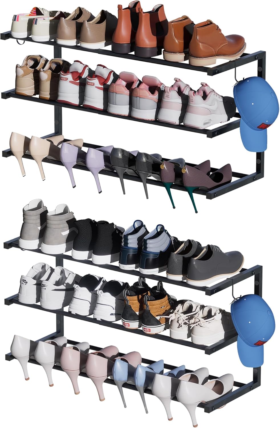 2 Pack Wall Mounted Shoe Rack, 3 Tier Hanging Shoe Rack Holds 24 Pairs, 17"-30"Adjustable Heavy Duty Shoe Organizer Holder with 4 Storage Hooks, Space Saving for Closet Entryway, Black, Patent Pending