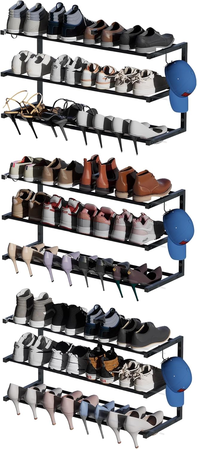 2 Pack Wall Mounted Shoe Rack, 3 Tier Hanging Shoe Rack Holds 24 Pairs, 17"-30"Adjustable Heavy Duty Shoe Organizer Holder with 4 Storage Hooks, Space Saving for Closet Entryway, Black, Patent Pending
