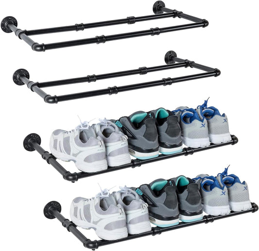 MyGift Set of 4 Industrial Matte Black Metal Pipe Hanging Shoe and Boot Rack Organizer Shelf, Wall Mounted Space Saving Footwear Storage Shelves for Closet, Mudroom, Entryway, Holds 12 Pairs
