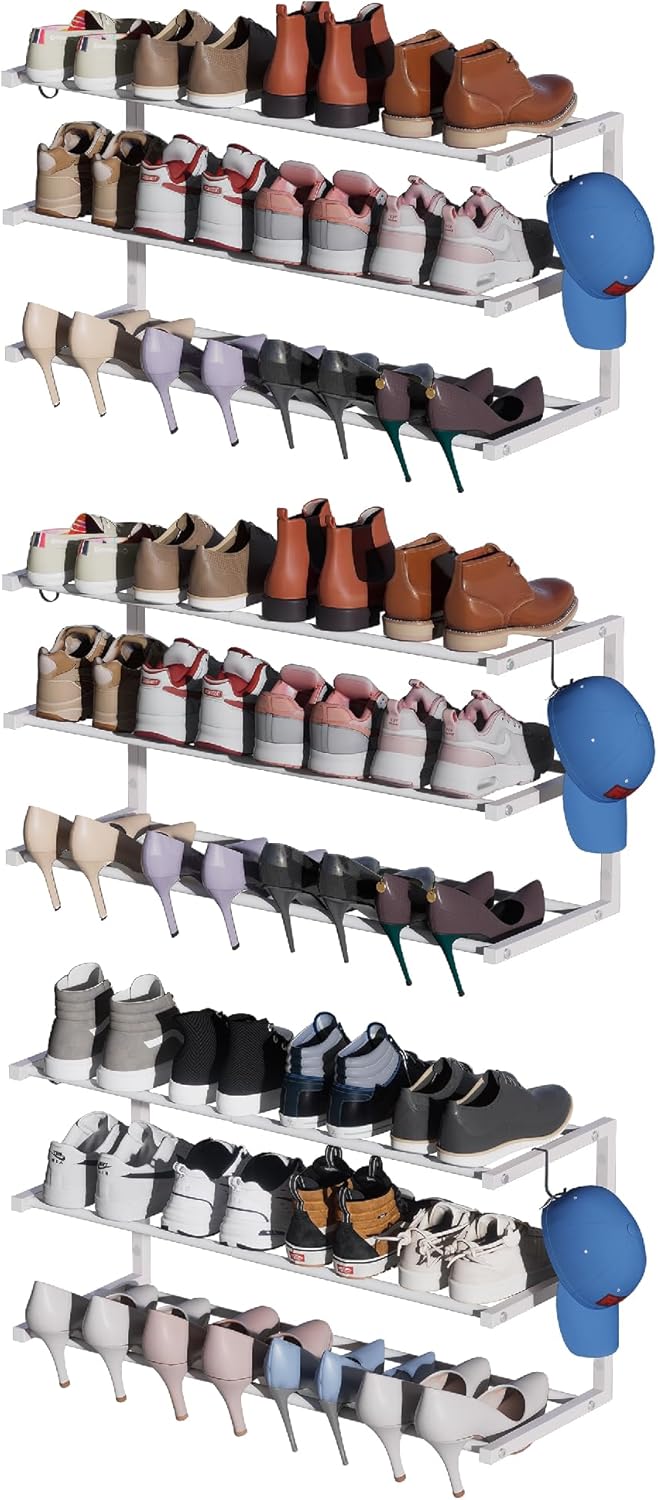 2 Pack Wall Mounted Shoe Rack, 3 Tier Hanging Shoe Rack Holds 24 Pairs, 17"-30"Adjustable Heavy Duty Shoe Organizer Holder with 4 Storage Hooks, Space Saving for Closet Entryway, Black, Patent Pending