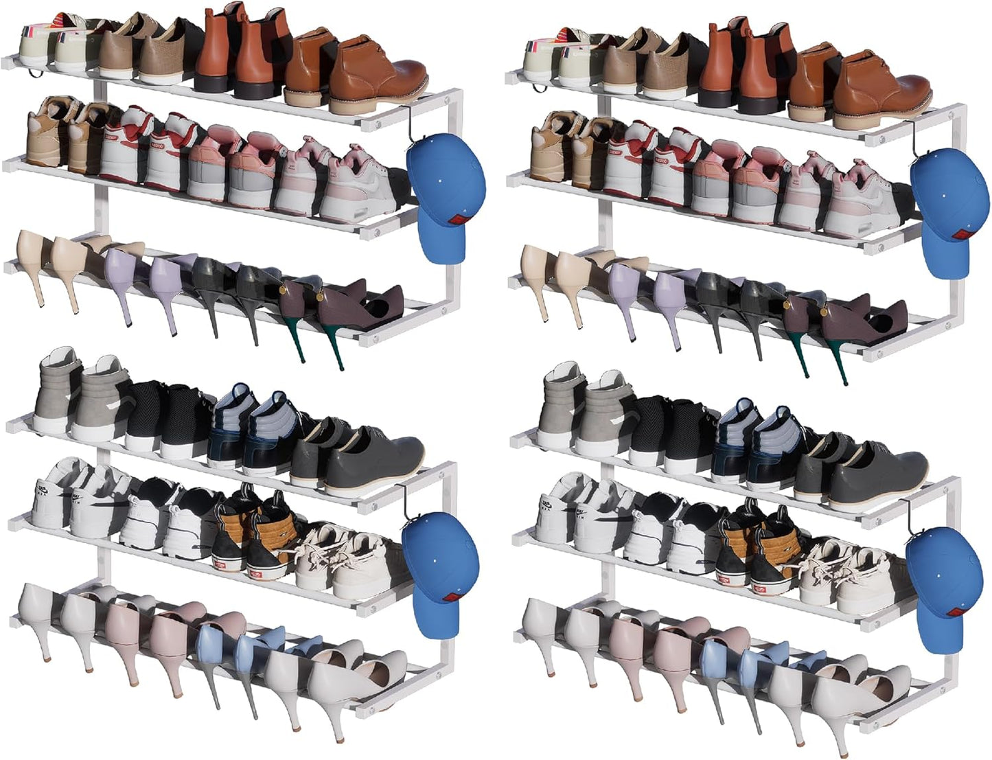 2 Pack Wall Mounted Shoe Rack, 3 Tier Hanging Shoe Rack Holds 24 Pairs, 17"-30"Adjustable Heavy Duty Shoe Organizer Holder with 4 Storage Hooks, Space Saving for Closet Entryway, Black, Patent Pending