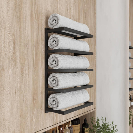 Modern 5-Tier/6-Tier Towel Rack - Wall-Mounted Black Metal Towel Shelf for Bathroom, Space-Saving Storage for Towels, Organizers, and Home Decor (5-Tier)