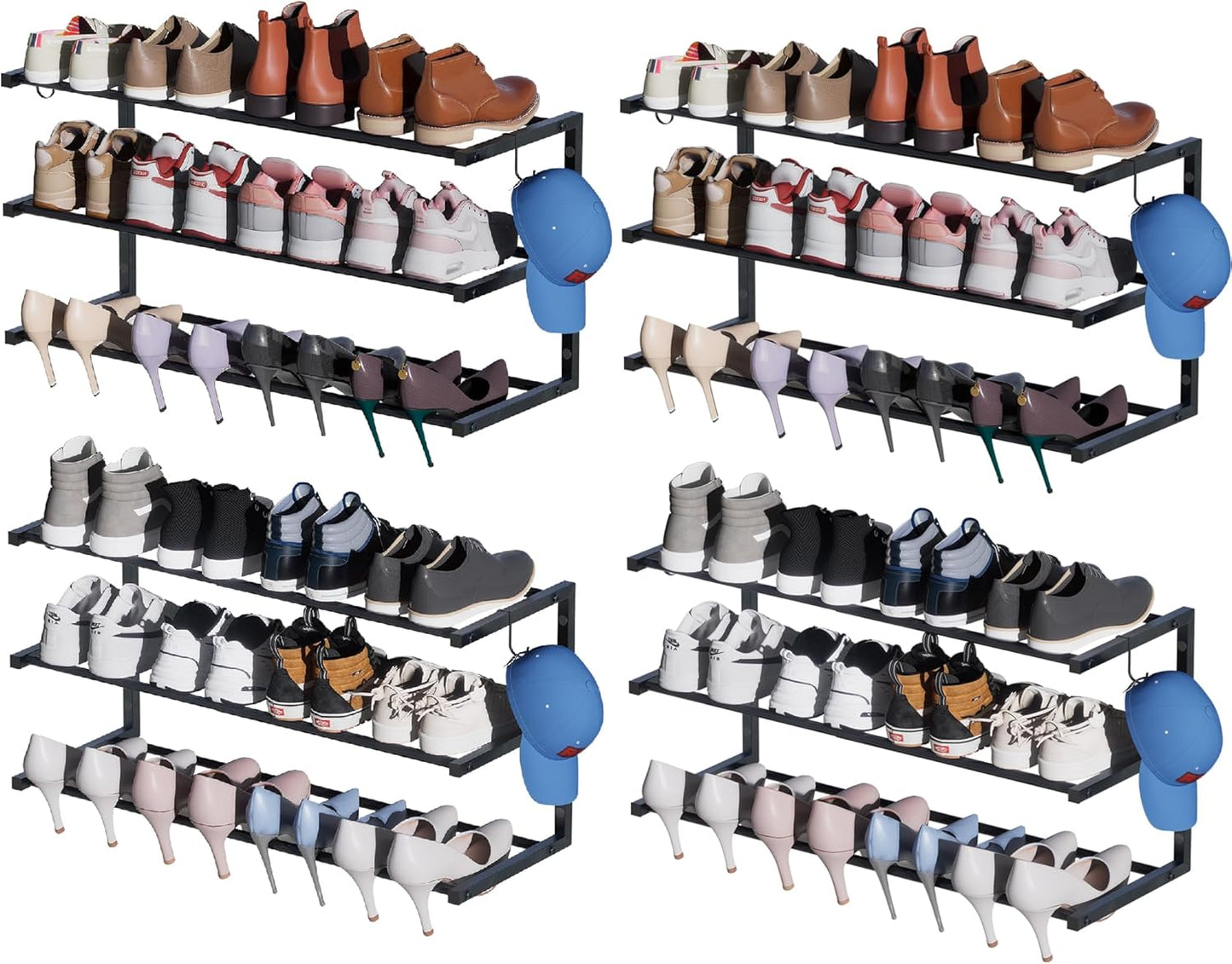 2 Pack Wall Mounted Shoe Rack, 3 Tier Hanging Shoe Rack Holds 24 Pairs, 17"-30"Adjustable Heavy Duty Shoe Organizer Holder with 4 Storage Hooks, Space Saving for Closet Entryway, Black, Patent Pending