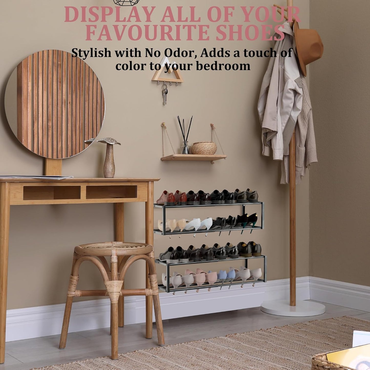 4 Pack Expandable Wall Mounted Shoe Rack, 17"-31" Adjustable Hanging Shoe Rack Holds 32 Pairs, Heavy Duty Metal Shoe Holder with 8 Storage Hooks, Space Saving for Entryway Closet Doorway（Black